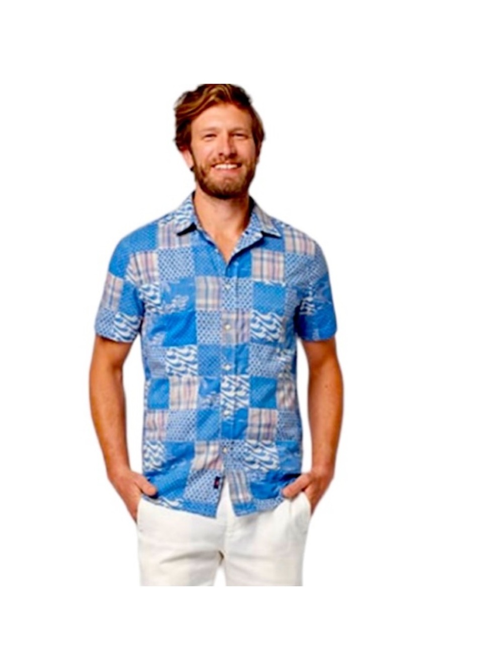 Faherty Brand Patchwork Short Sleeve Button Front Camp Shirt 100% Cotton Size L